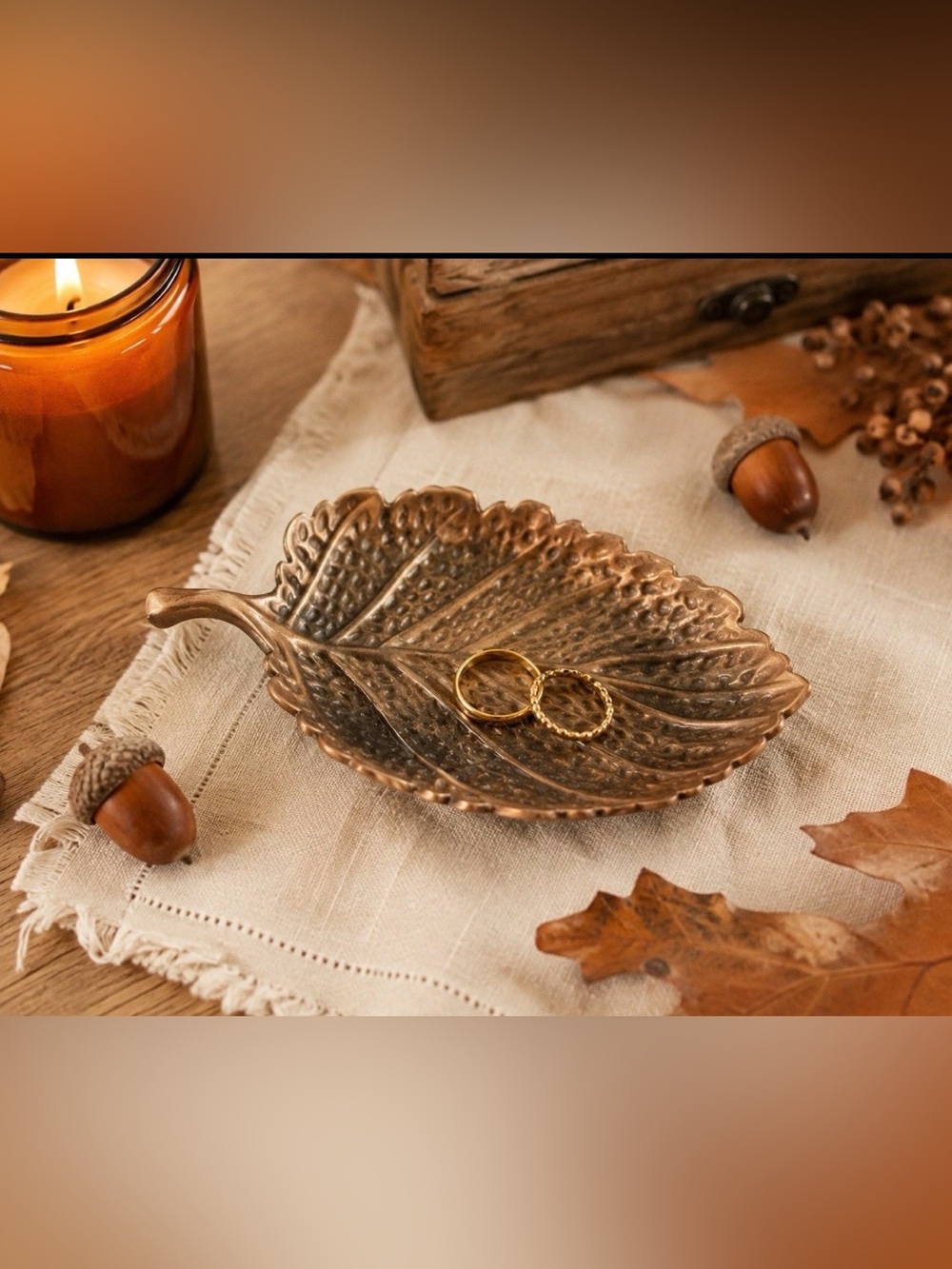 Metal Leaf Trinket Dish Bronze Tone Botanical Jewelry Key Tray Signed Fall Decor